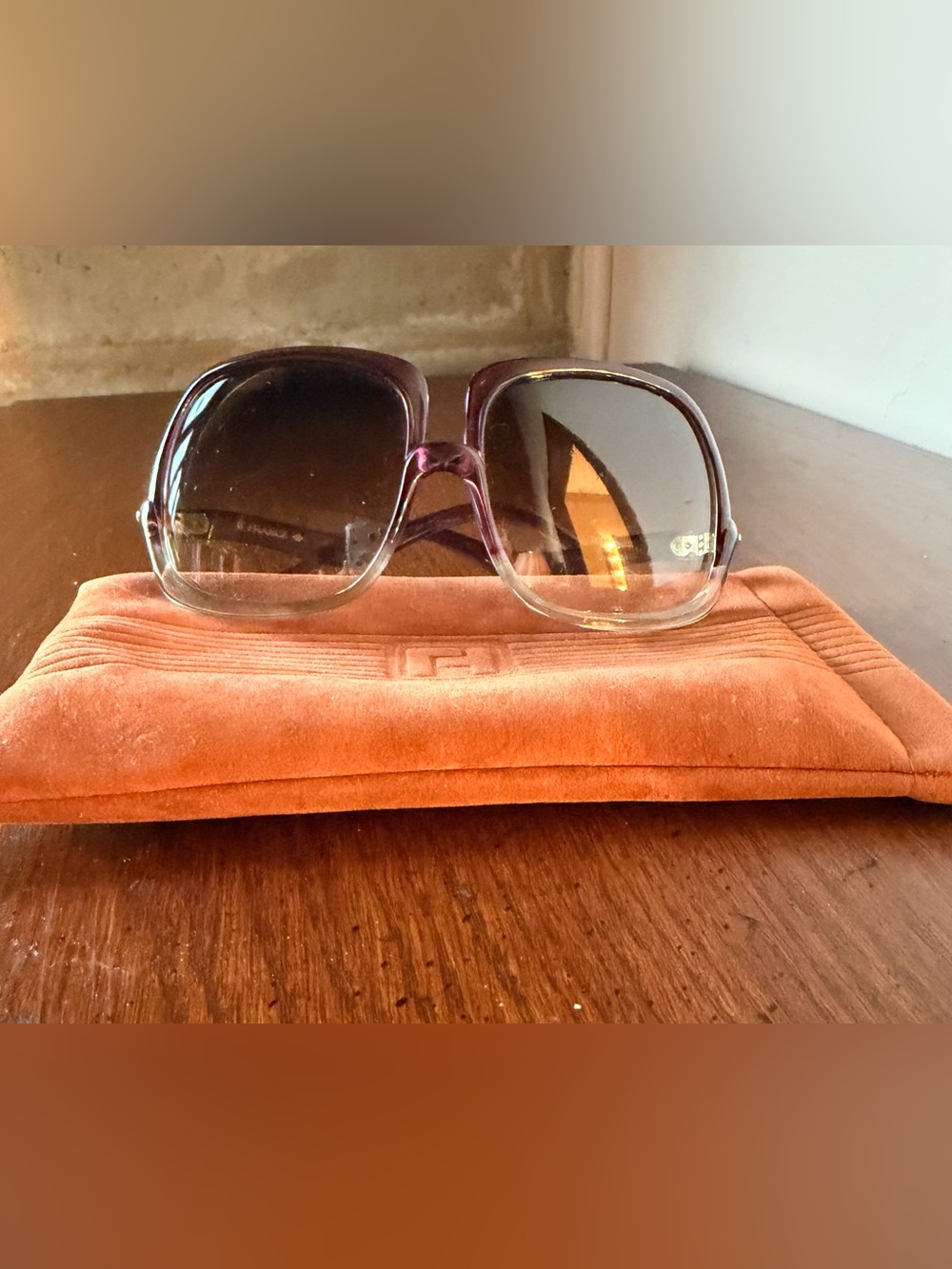 Vintage 70s Halston France Ombre Gradient Oversized Sunglasses & Squeeze Case